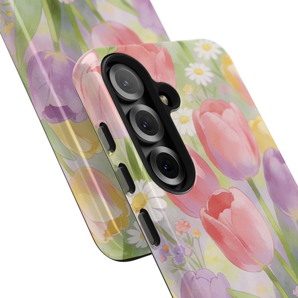 Floral Tulip Tough Phone Case — Pastel Watercolor Flowers Protective Cover