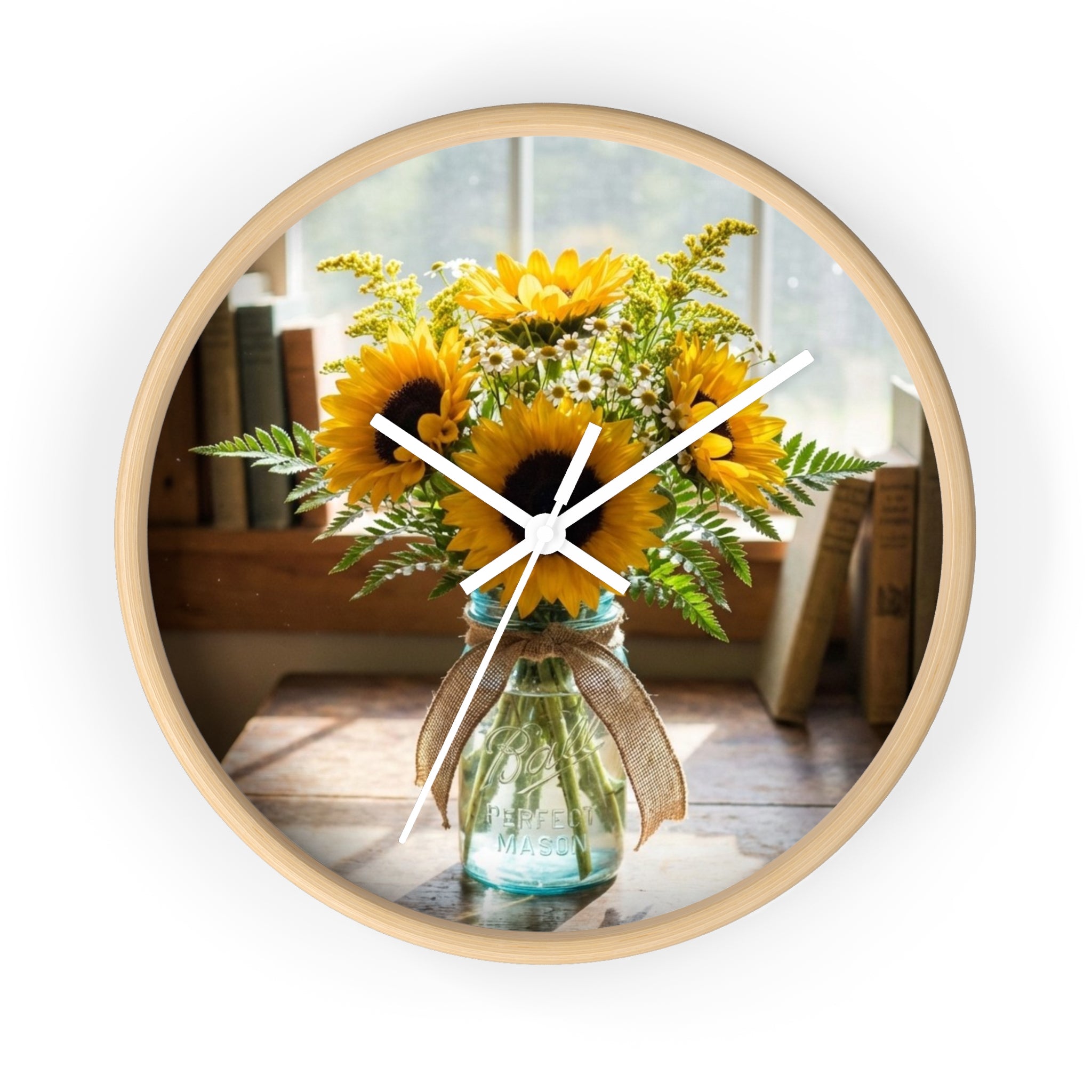 Sunflower Bouquet Wall Clock — Rustic Floral Kitchen Clock
