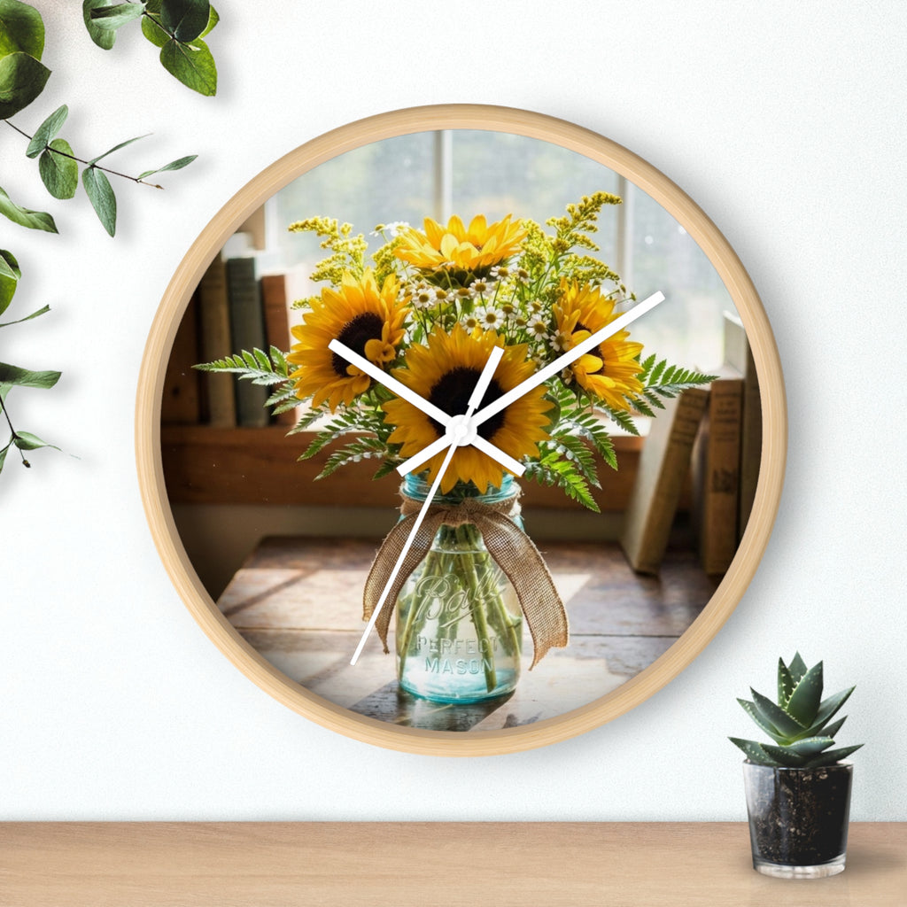 Sunflower Bouquet Wall Clock — Rustic Floral Kitchen Clock