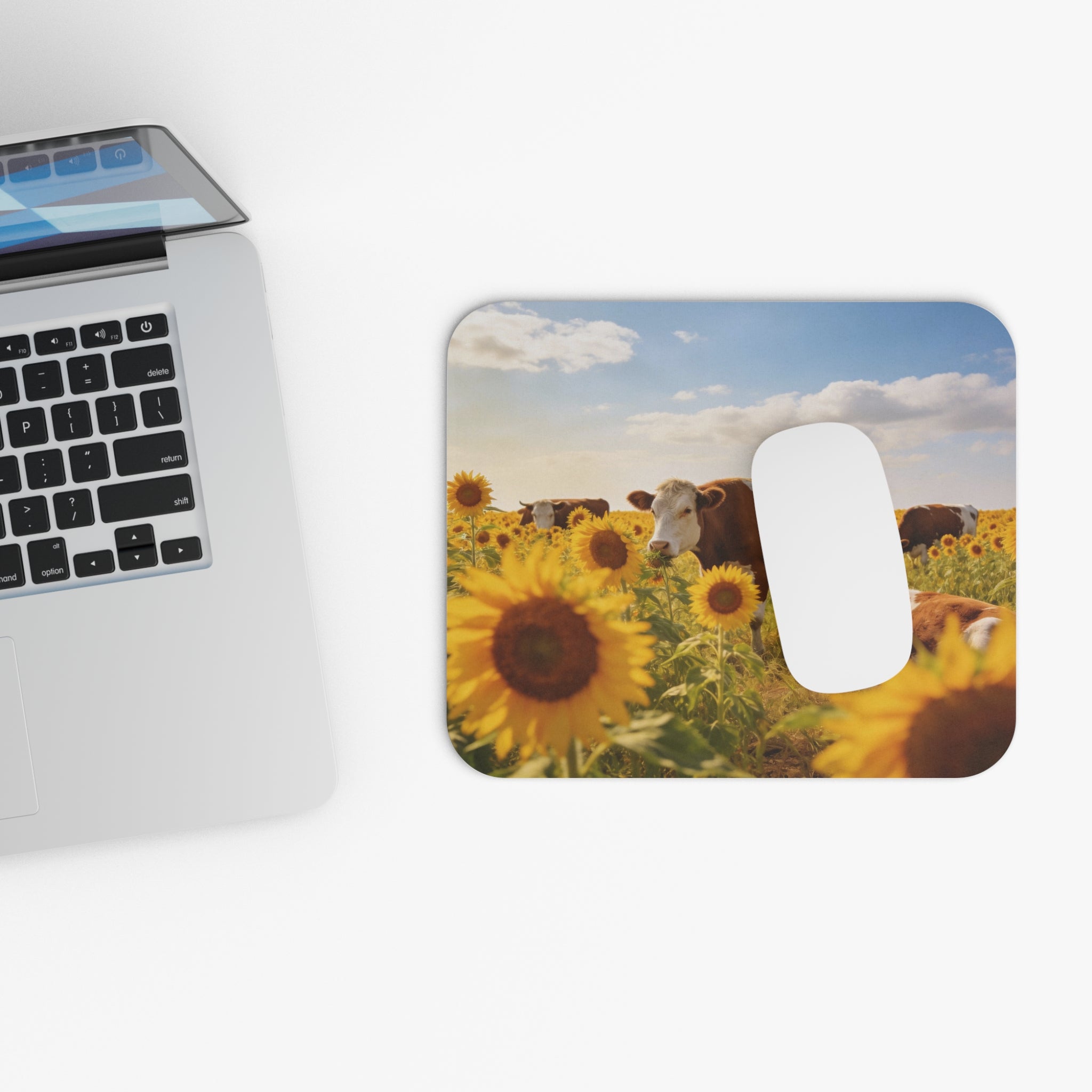 Sunflower Field Cow Mouse Pad — Rustic Farm Animal Desk Mat