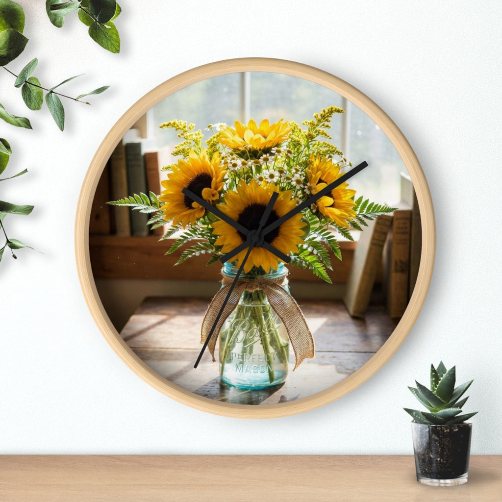 Sunflower Bouquet Wall Clock — Rustic Floral Kitchen Clock