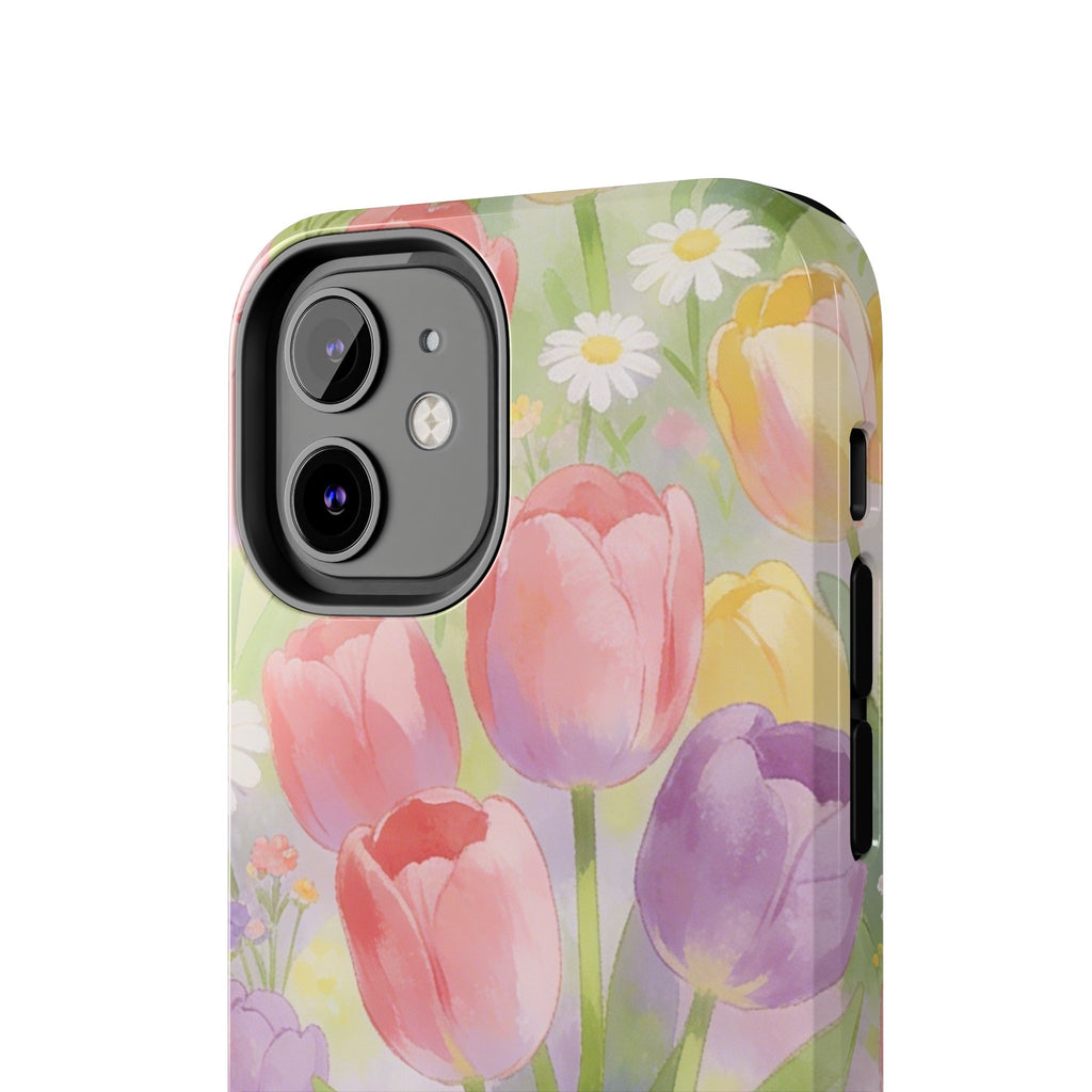 Floral Tulip Tough Phone Case — Pastel Watercolor Flowers Protective Cover