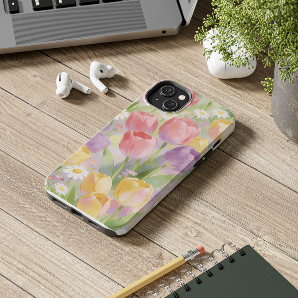 Floral Tulip Tough Phone Case — Pastel Watercolor Flowers Protective Cover