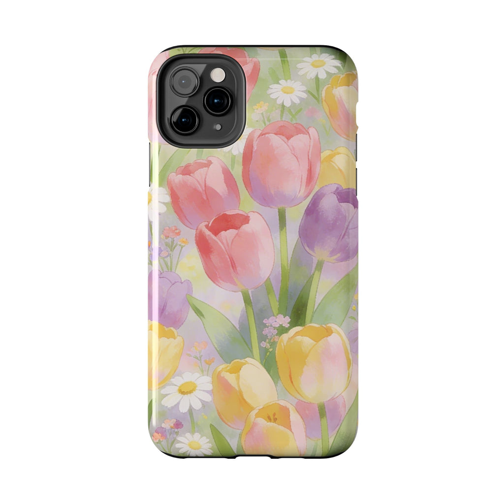 Floral Tulip Tough Phone Case — Pastel Watercolor Flowers Protective Cover