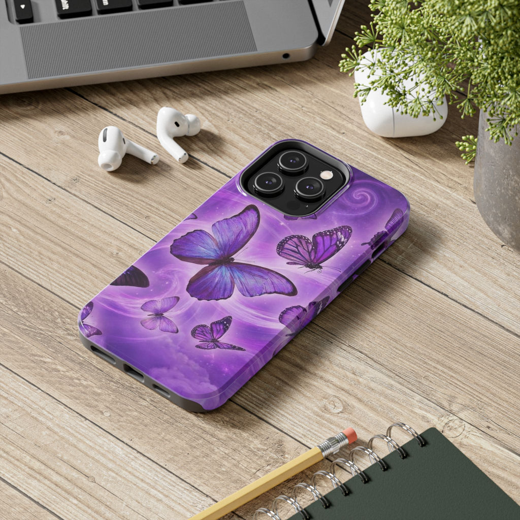 Purple Butterfly Tough Phone Case — Protective iPhone Case with Violet Butterflies