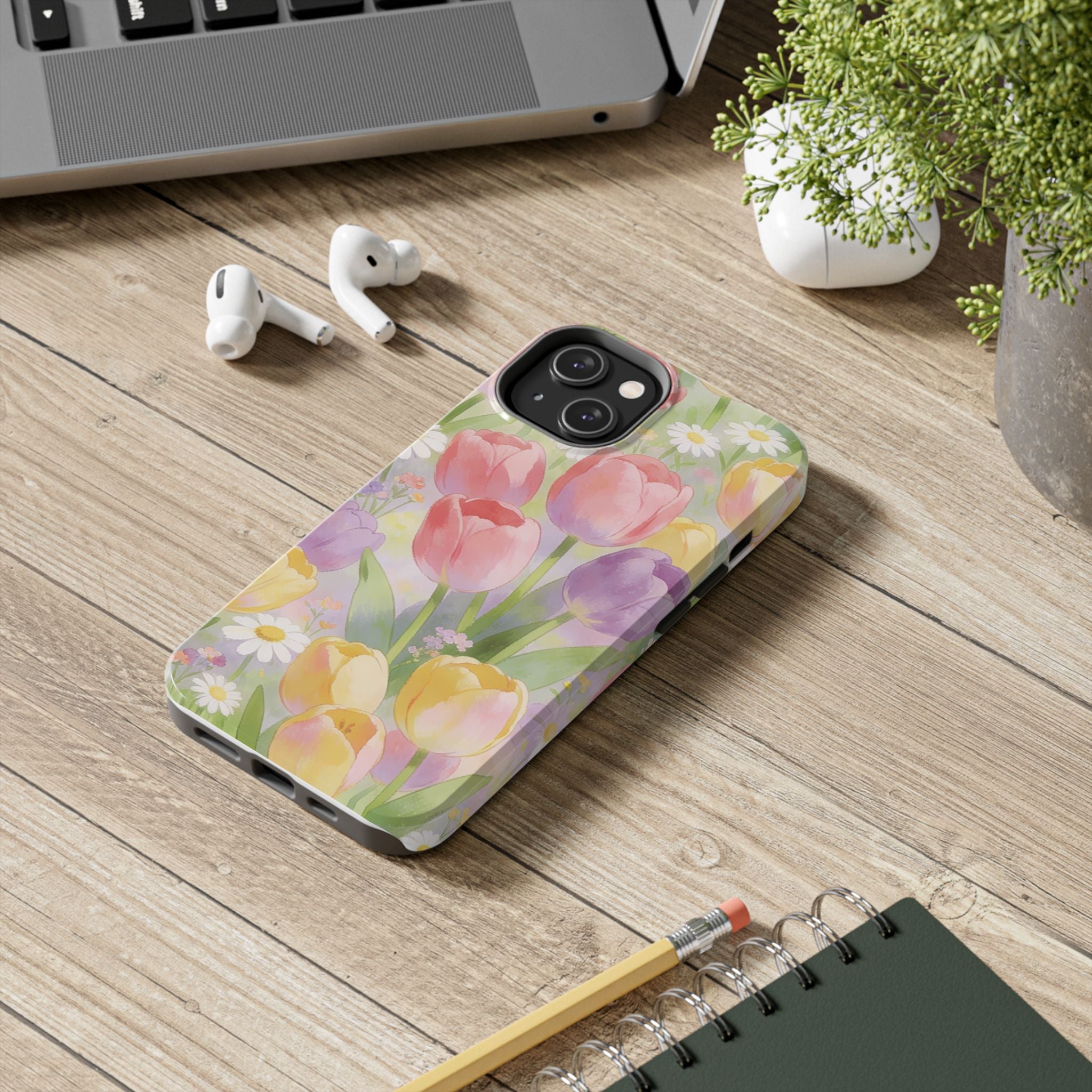 Floral Tulip Tough Phone Case — Pastel Watercolor Flowers Protective Cover