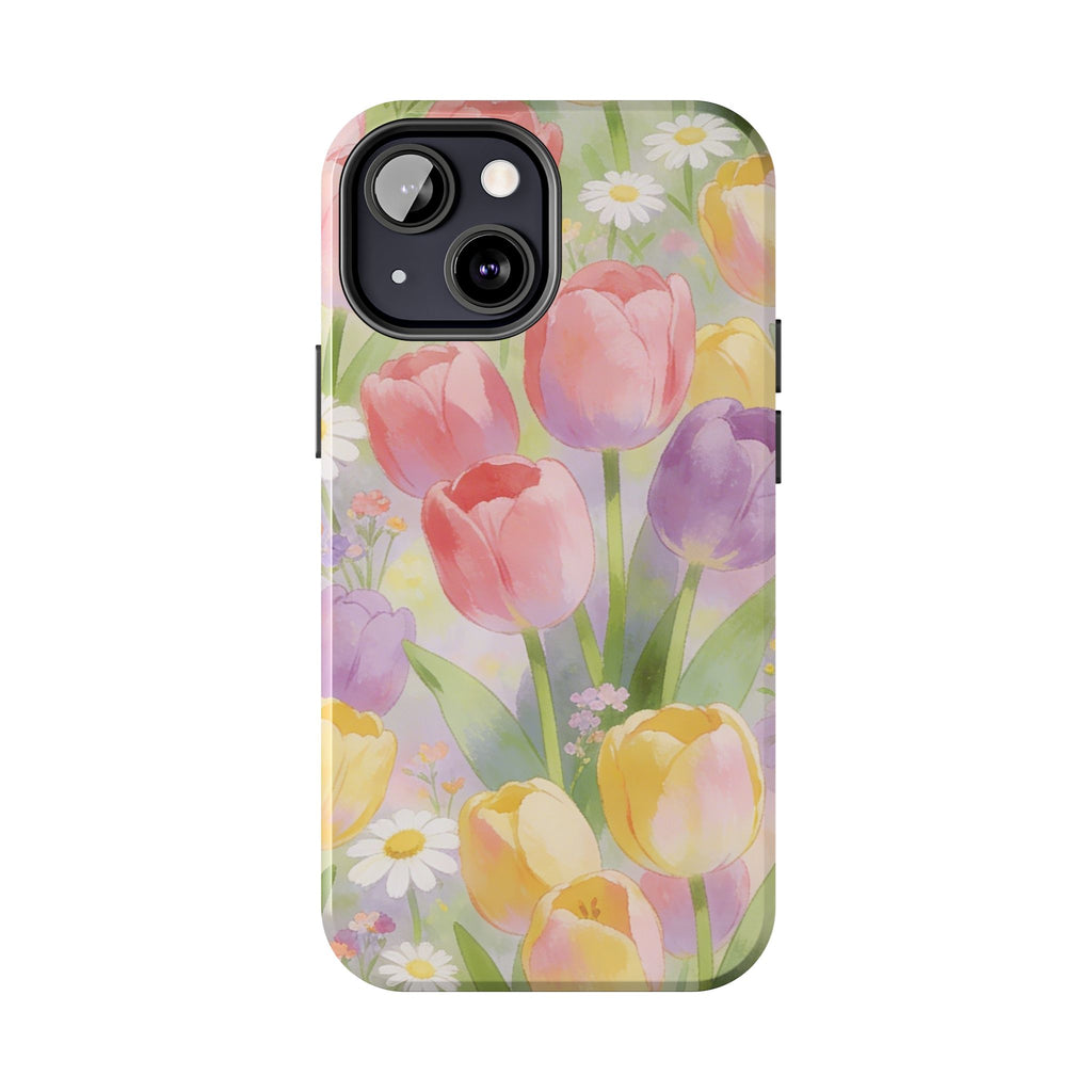 Floral Tulip Tough Phone Case — Pastel Watercolor Flowers Protective Cover