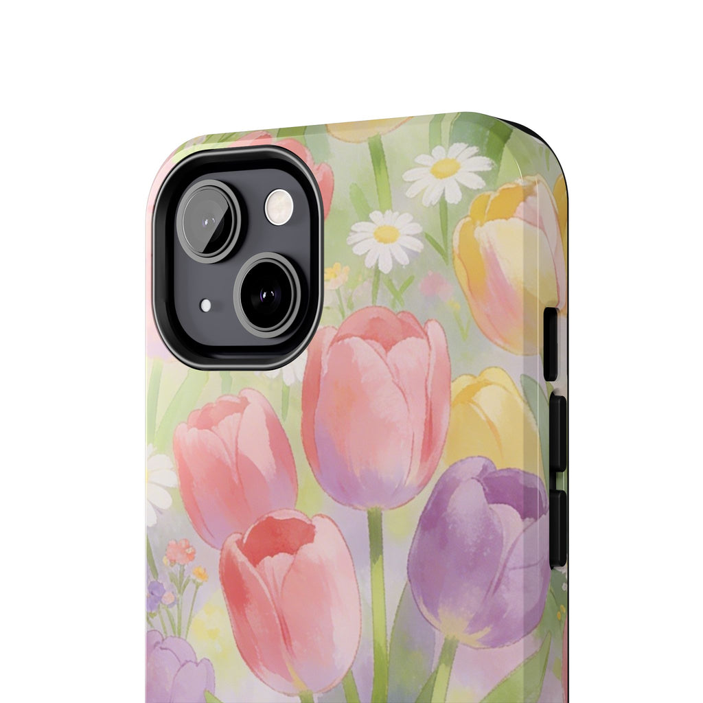Floral Tulip Tough Phone Case — Pastel Watercolor Flowers Protective Cover