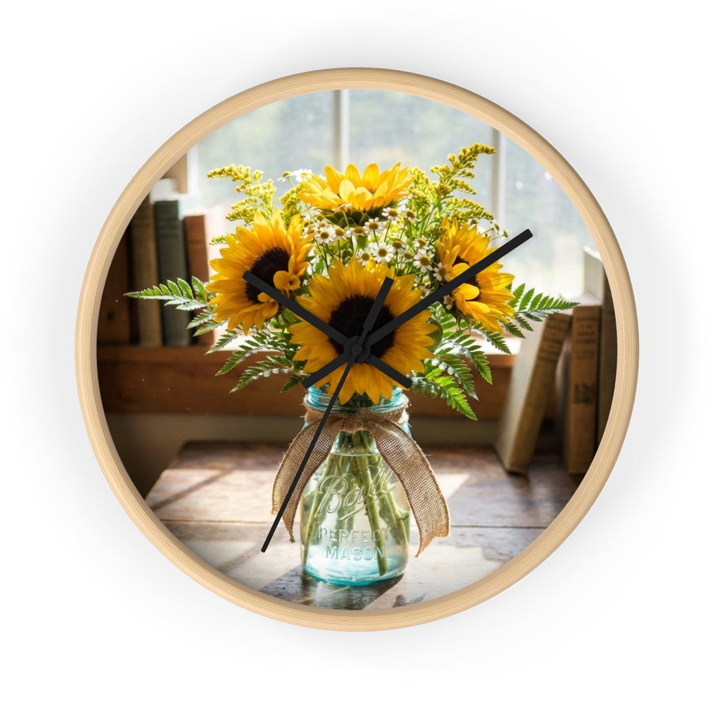 Sunflower Bouquet Wall Clock — Rustic Floral Kitchen Clock