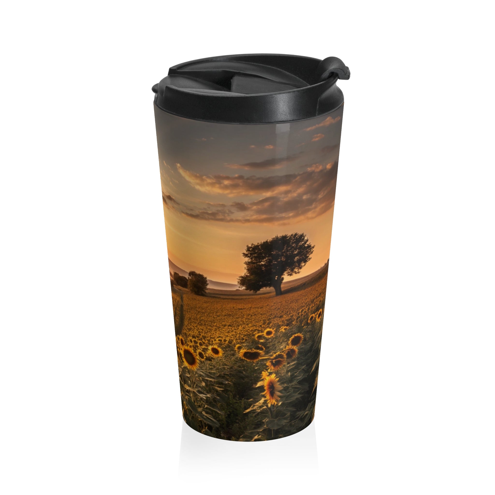 Sunflower Sunset Stainless Steel Travel Mug — Scenic Sunrise Landscape Tumbler