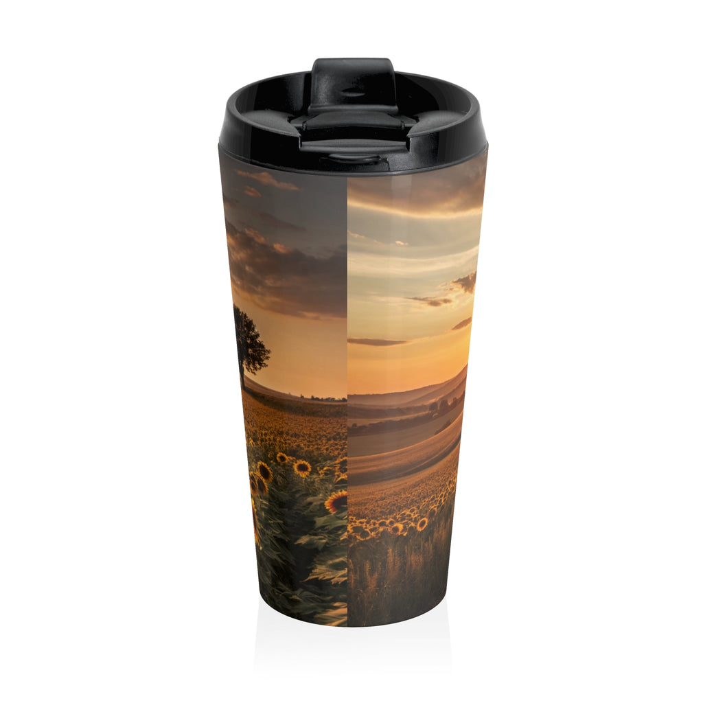 Sunflower Sunset Stainless Steel Travel Mug — Scenic Sunrise Landscape Tumbler
