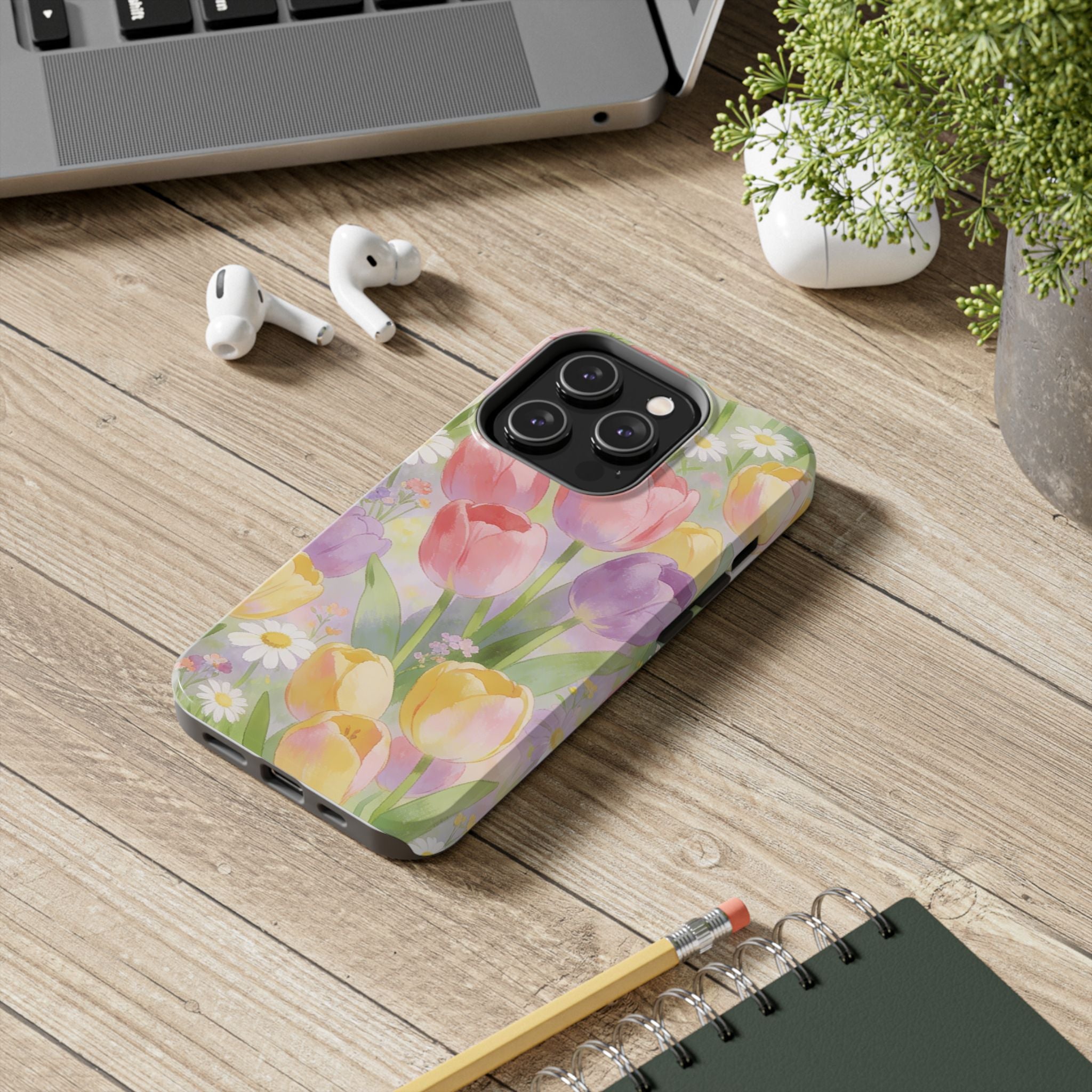 Floral Tulip Tough Phone Case — Pastel Watercolor Flowers Protective Cover
