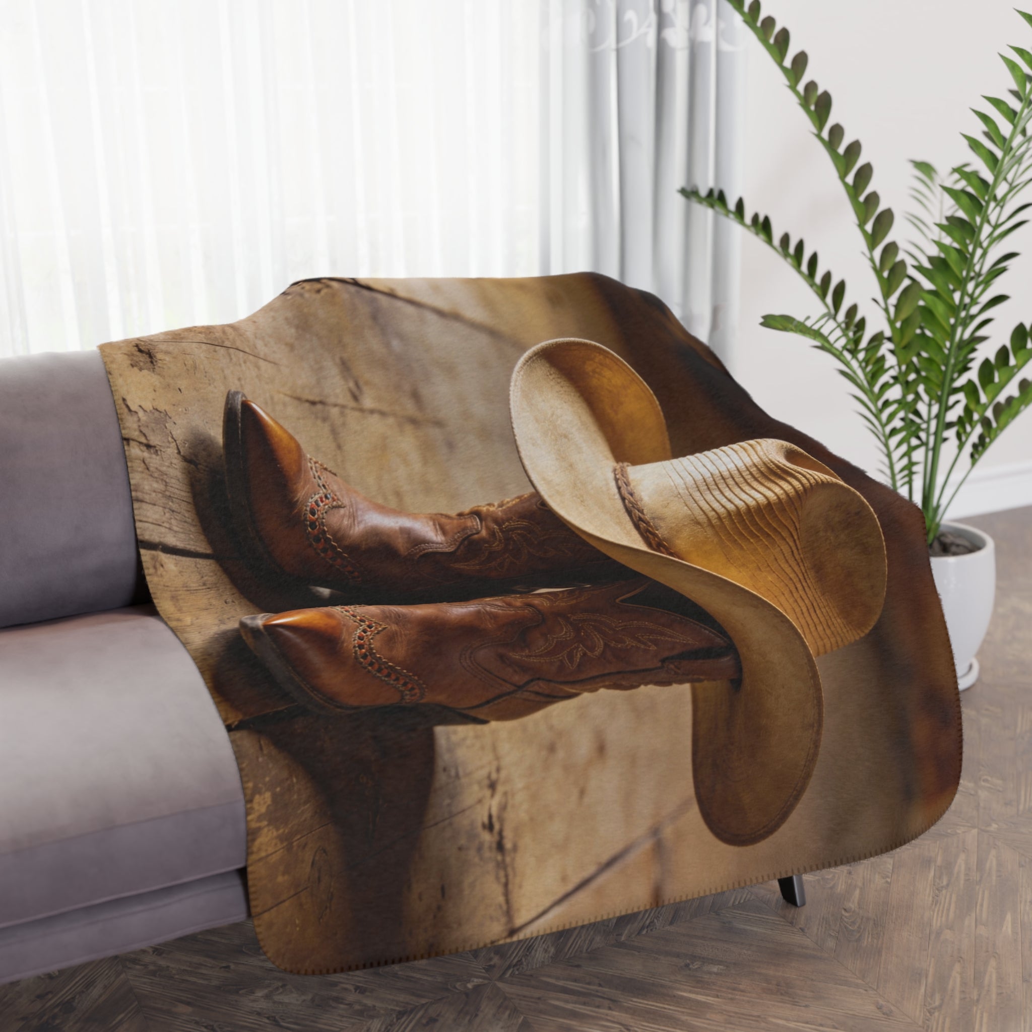 Western Cowboy Boots & Hat Sherpa Blanket — Rustic Tan Throw for Ranch Lovers