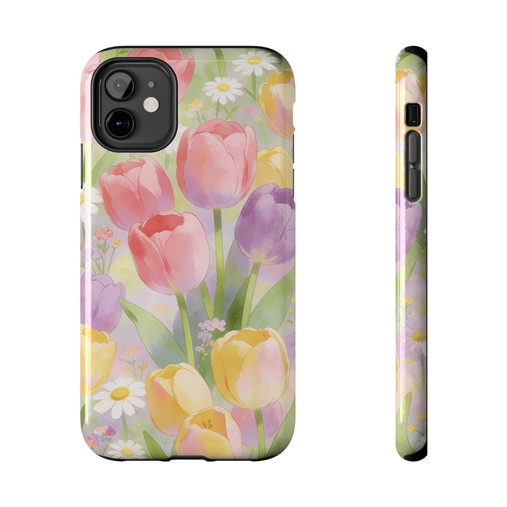 Floral Tulip Tough Phone Case — Pastel Watercolor Flowers Protective Cover