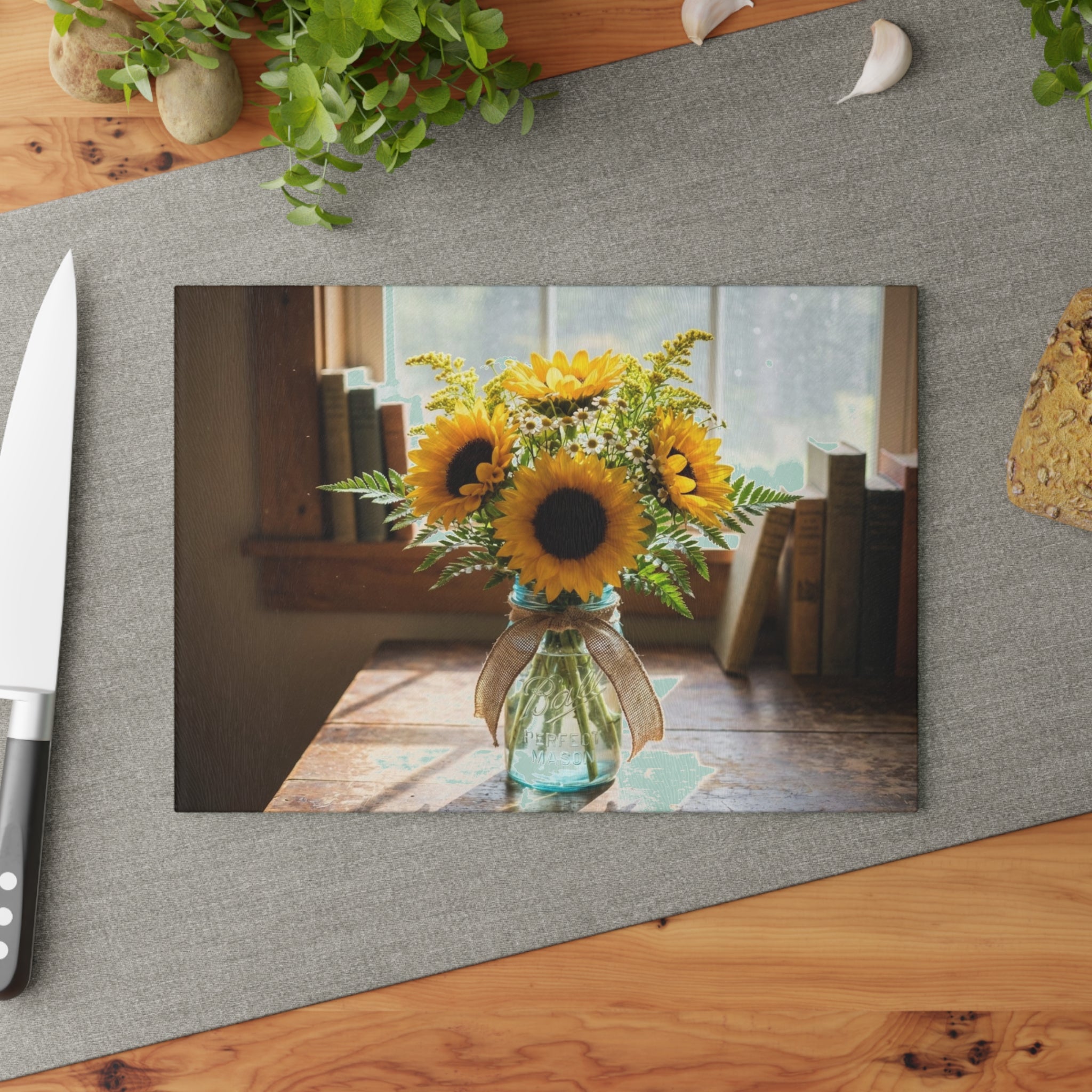 Sunflower Bouquet Glass Cutting Board — Rustic Kitchen Decor & Serving Board