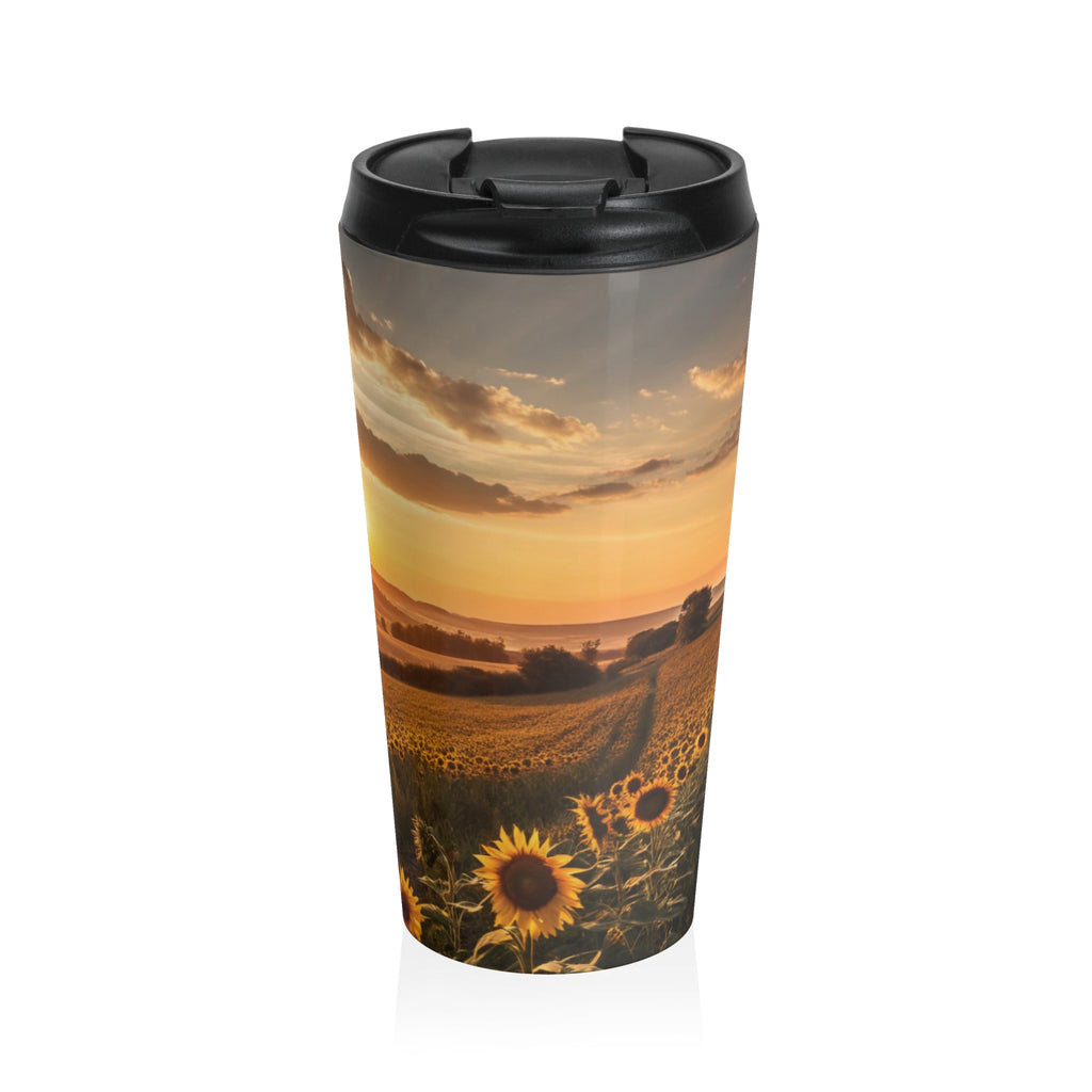 Sunflower Sunset Stainless Steel Travel Mug — Scenic Sunrise Landscape Tumbler