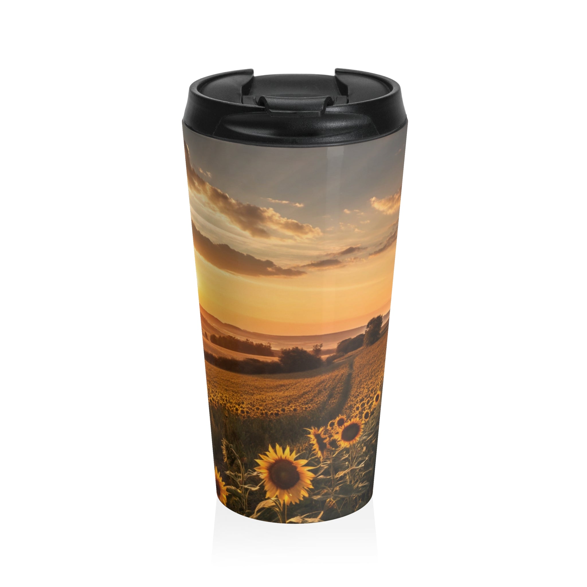 Sunflower Sunset Stainless Steel Travel Mug — Scenic Sunrise Landscape Tumbler