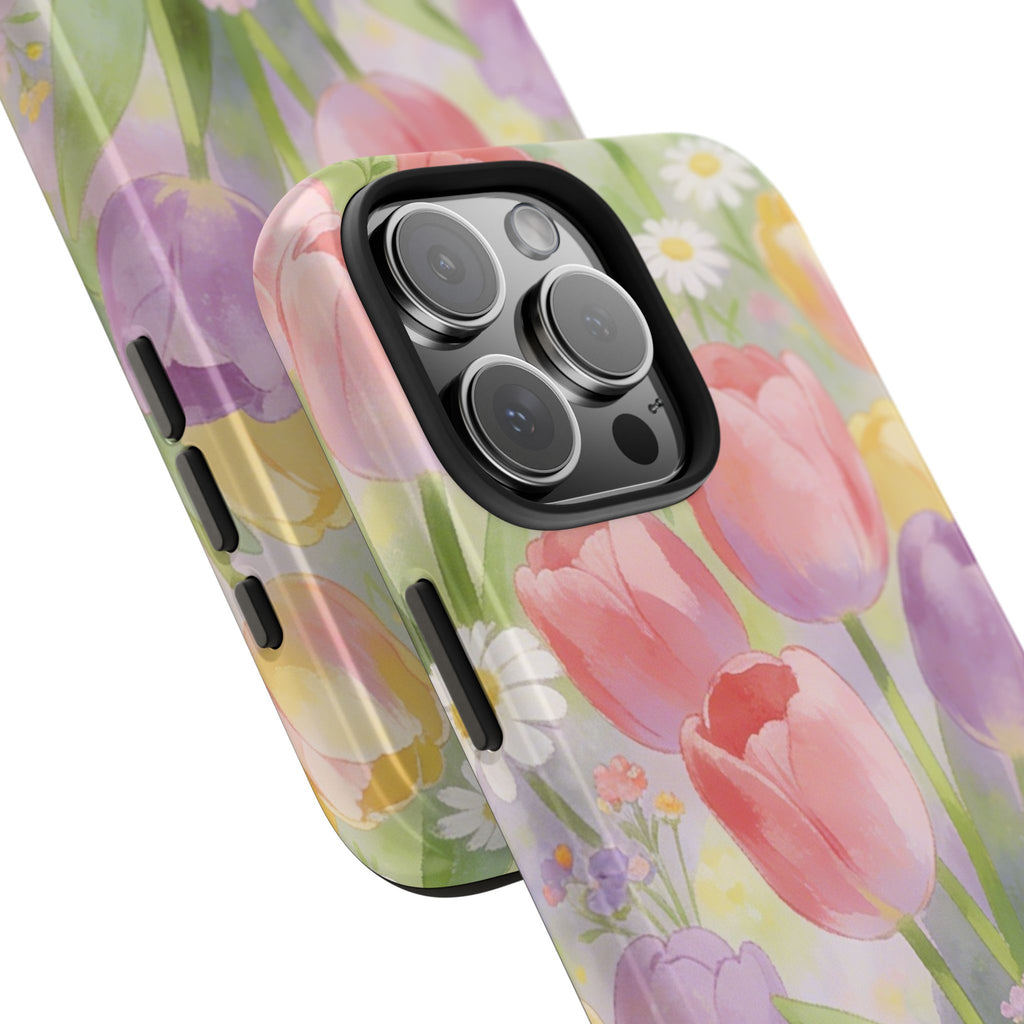Floral Tulip Tough Phone Case — Pastel Watercolor Flowers Protective Cover