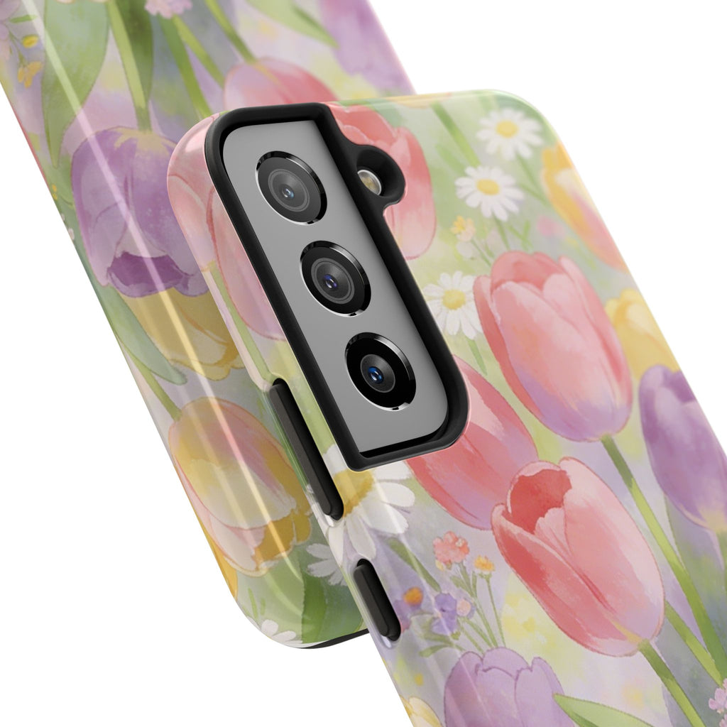 Floral Tulip Tough Phone Case — Pastel Watercolor Flowers Protective Cover