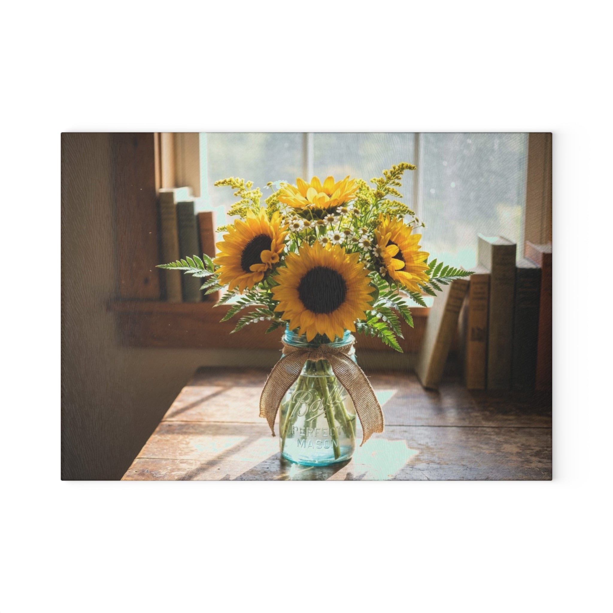 Sunflower Bouquet Glass Cutting Board — Rustic Kitchen Decor & Serving Board