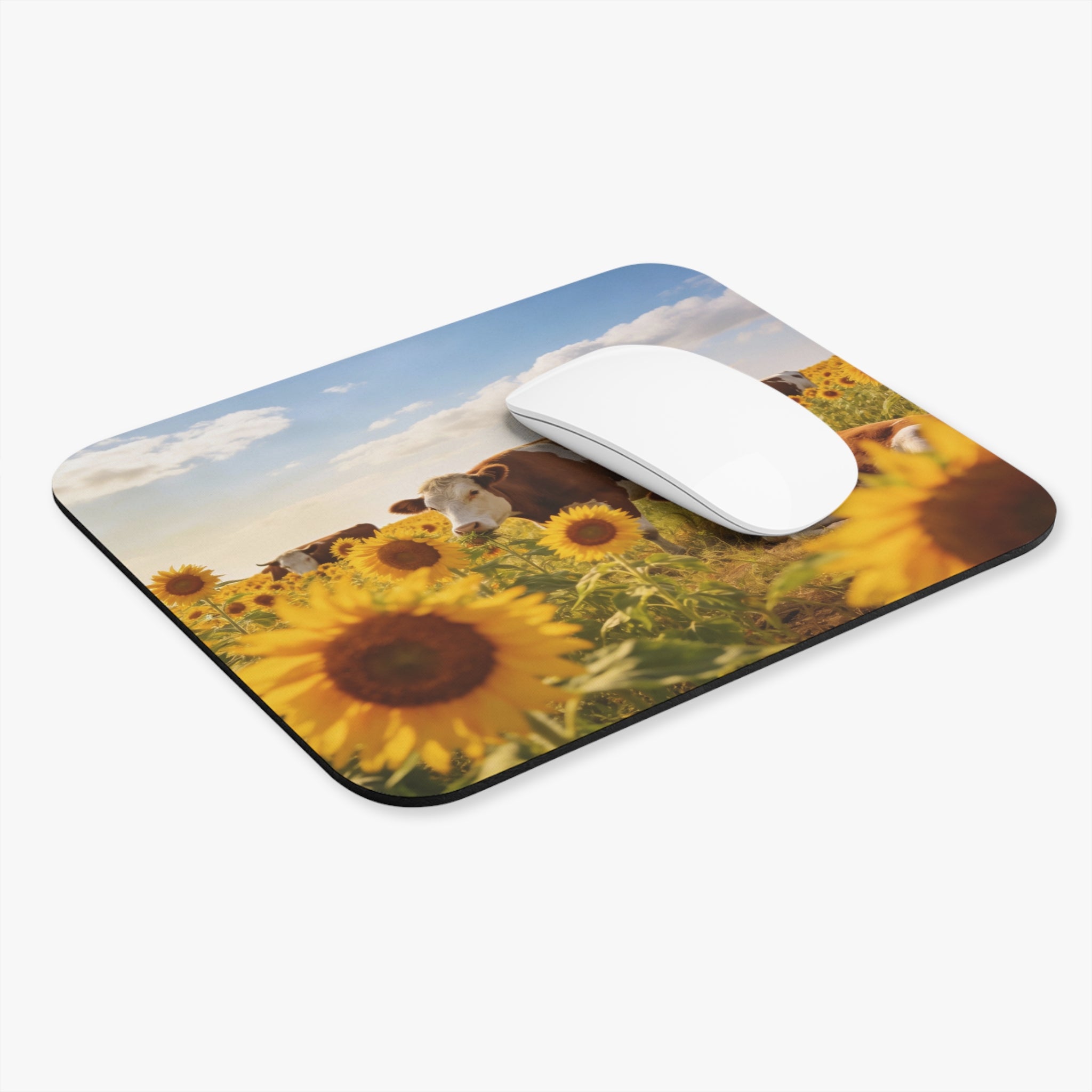 Sunflower Field Cow Mouse Pad — Rustic Farm Animal Desk Mat