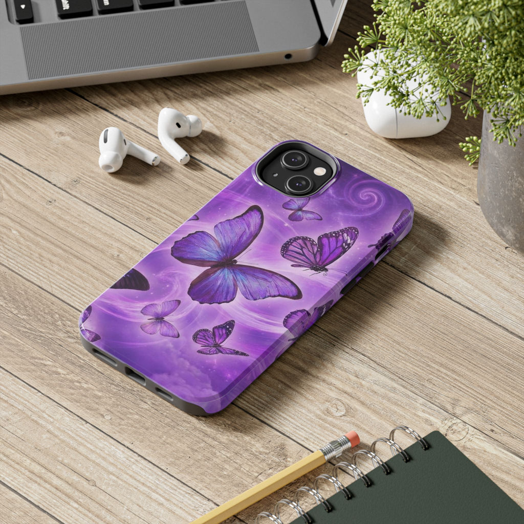Purple Butterfly Tough Phone Case — Protective iPhone Case with Violet Butterflies