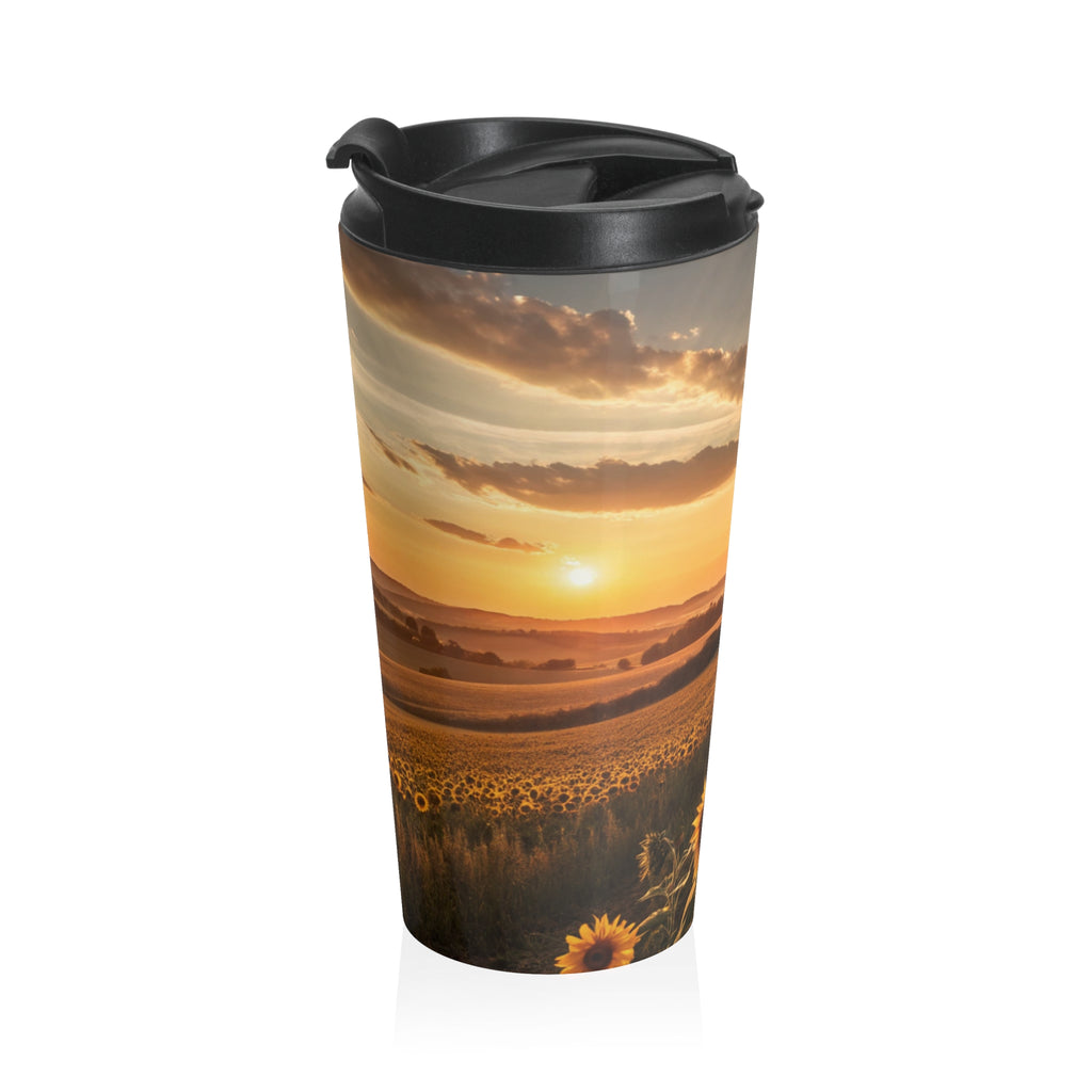 Sunflower Sunset Stainless Steel Travel Mug — Scenic Sunrise Landscape Tumbler