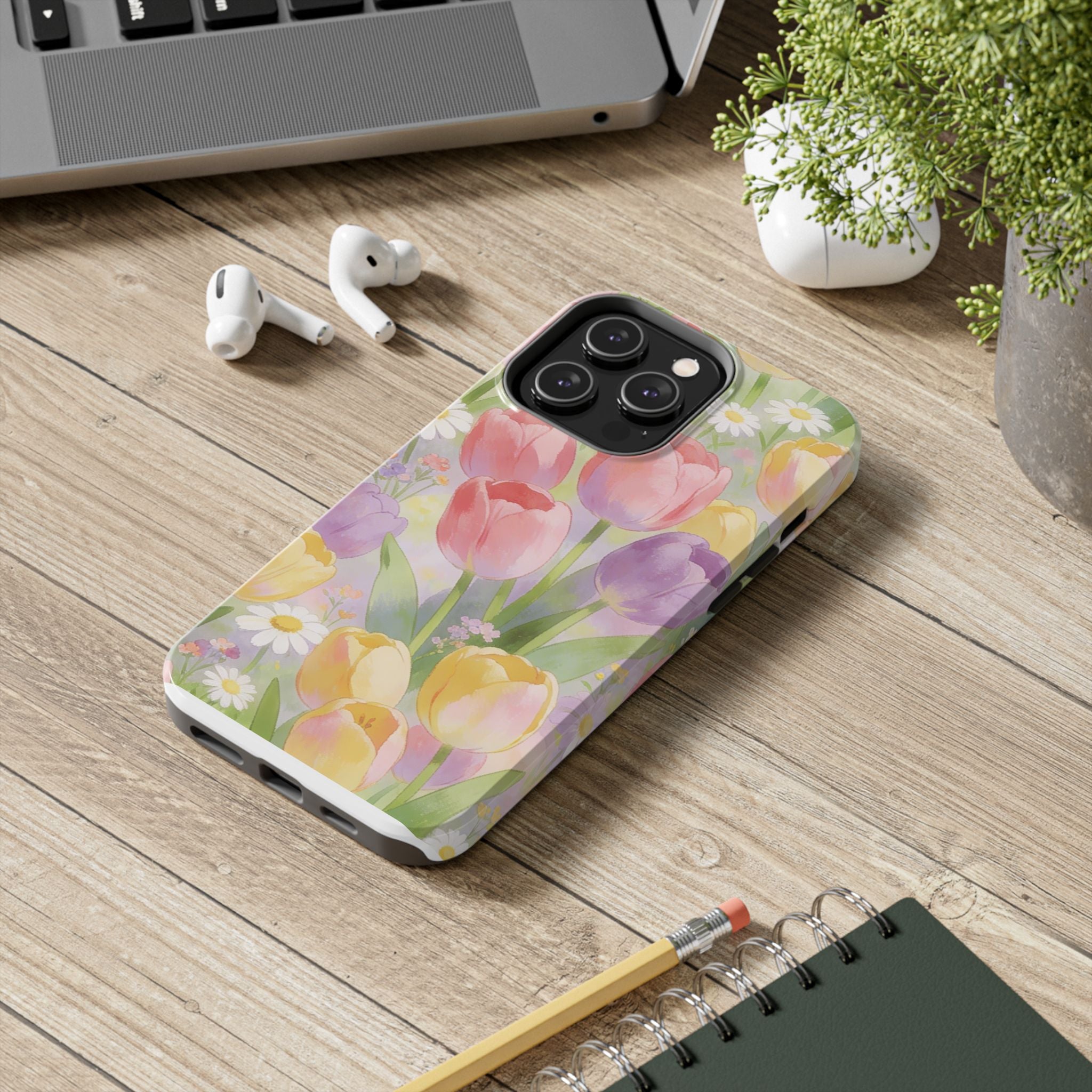 Floral Tulip Tough Phone Case — Pastel Watercolor Flowers Protective Cover