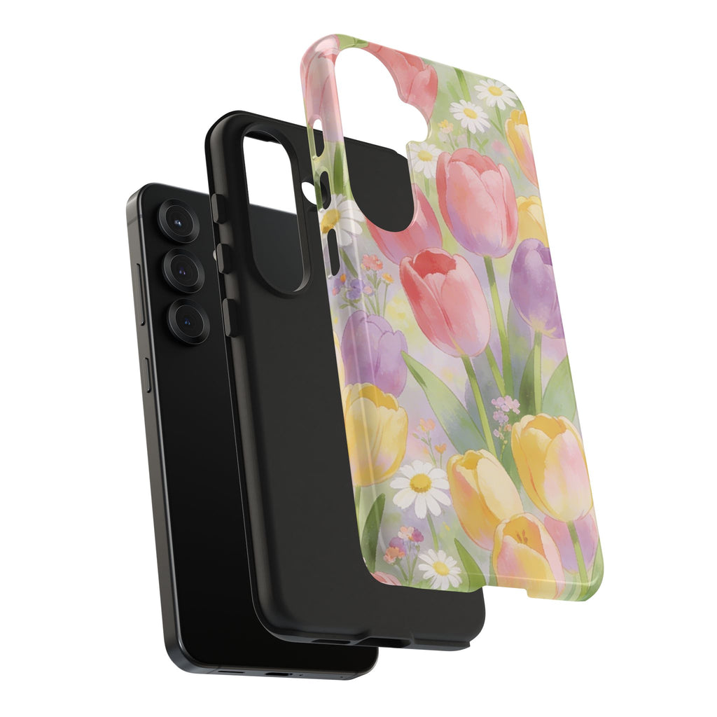 Floral Tulip Tough Phone Case — Pastel Watercolor Flowers Protective Cover