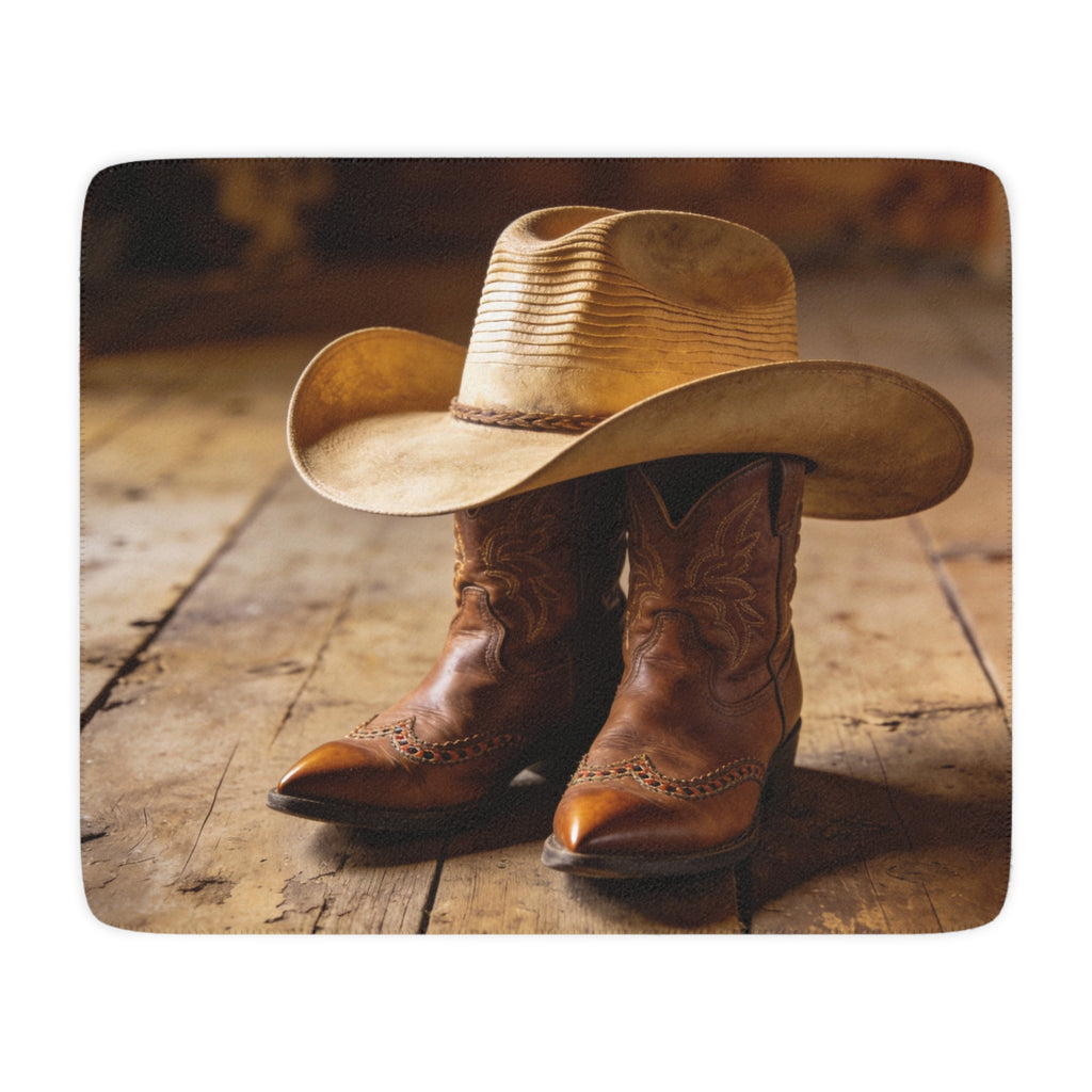 Western Cowboy Boots & Hat Sherpa Blanket — Rustic Tan Throw for Ranch Lovers
